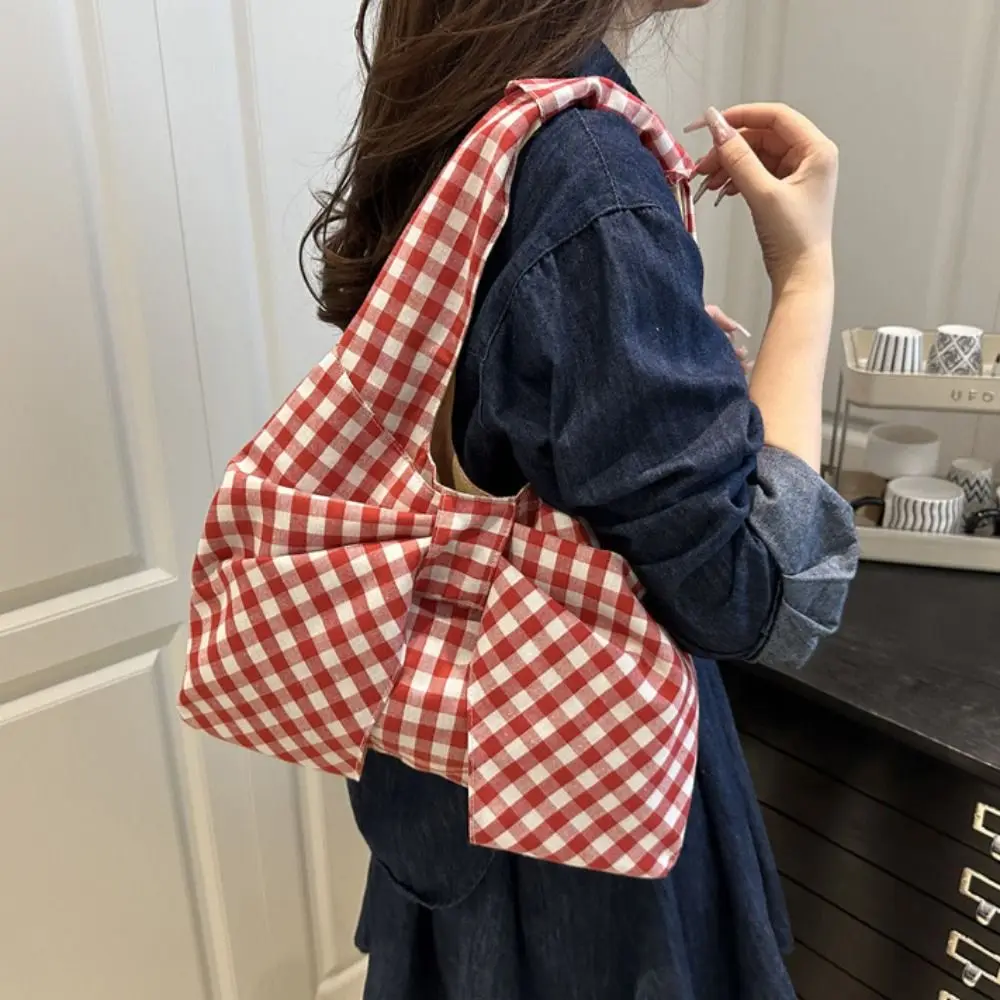 Повседневная сумка через плечо в корейском стиле с бантом, модная клетчатая сумка-тоут с бантом, тканевая сумка большой вместимости, дорожная сумка