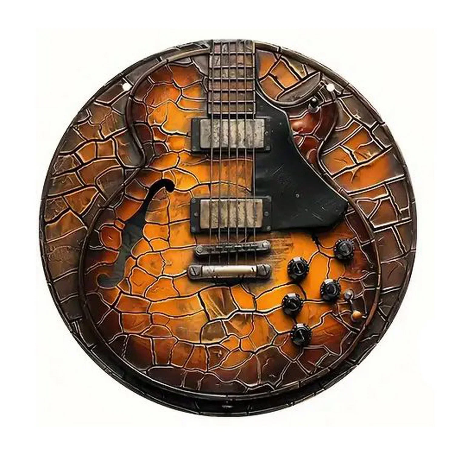 Stained Glass Guitar Rock Music Art 2D flat Round Metal Tin Sign 7.87x7.87 Inch Vintage Wall Decor For Music Studio Bar Room