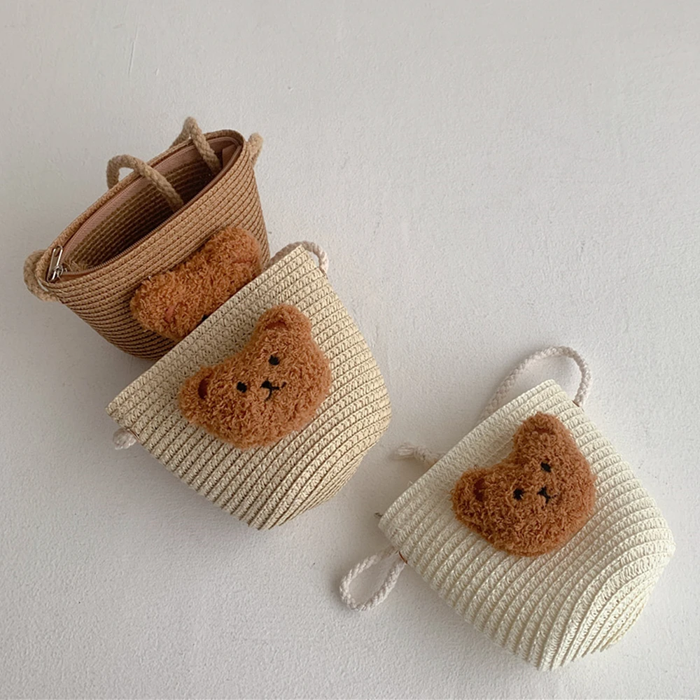 Summer Kids Straw Woven Handmade Bag Mini Baby Girls Coin Purse Shoulder Bag Infant Toddler Cute Cartoon Bear Crossbody Bag