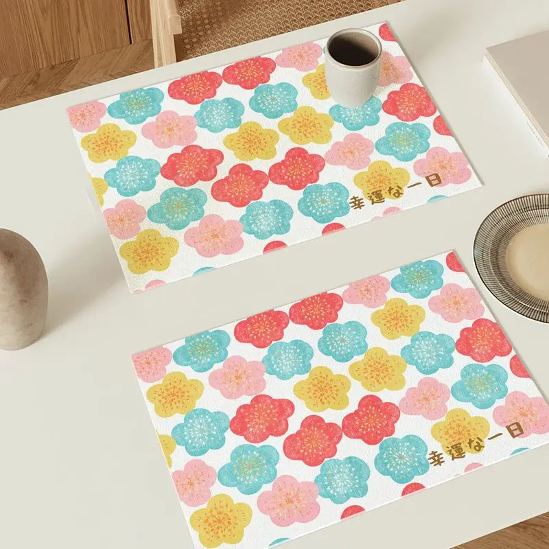 VIKAMA Colorful Plum Blossom Placemat, Floral Print Table Mat, Heat Resistant Non Slip Washable Kitchen Pad, Dining Decor