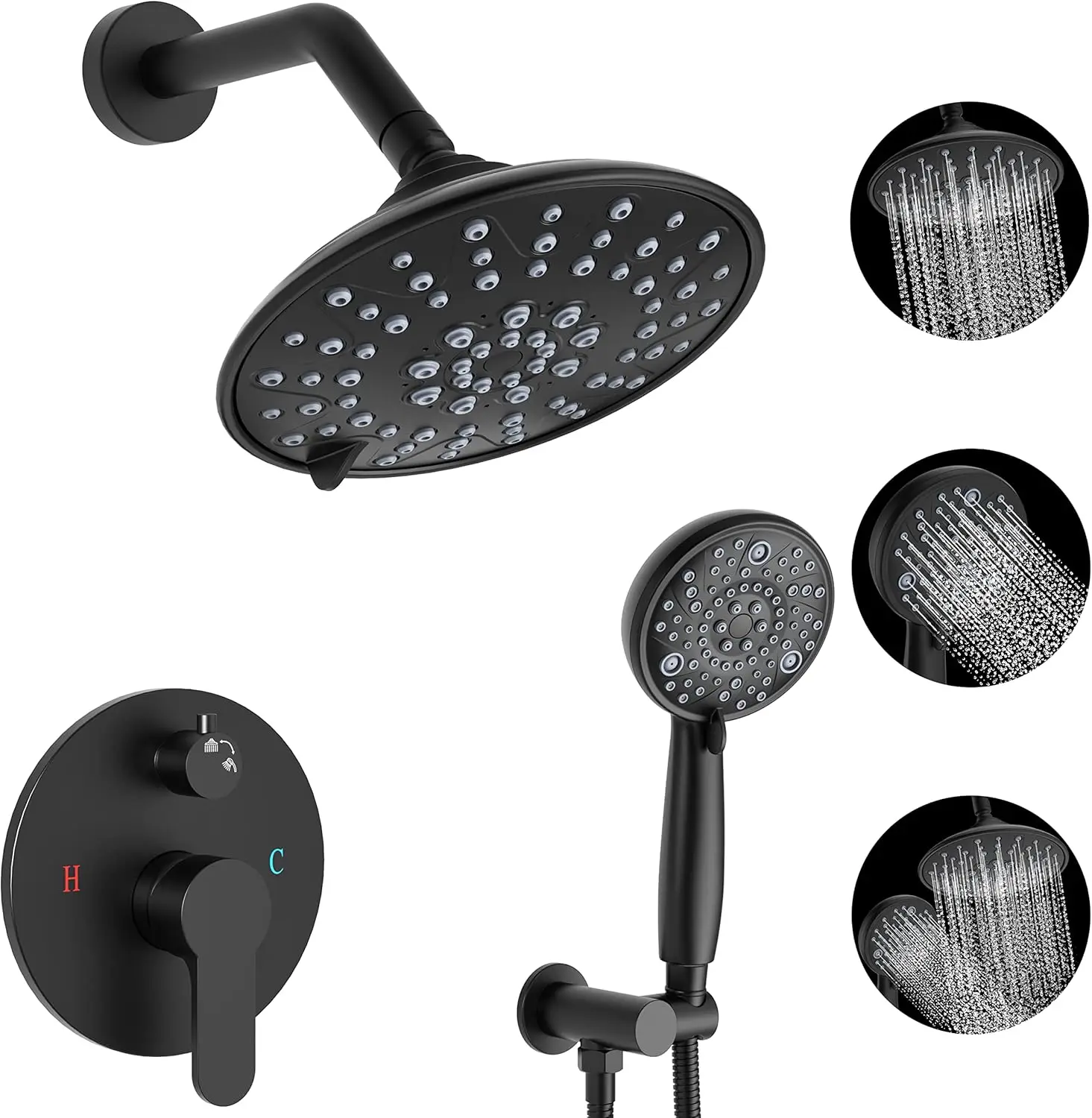 ather Black Shower Faucets Sets - Overhead Rain Head Shower System With 8-Mode High Pressure Handheld Complete Combo And