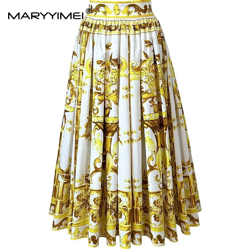 MARYYIMEI Fashion design Women Skirt Golden Baroque Print Vintaga Casual Big Swing Pleated Skirt Spring Summer 2025 New