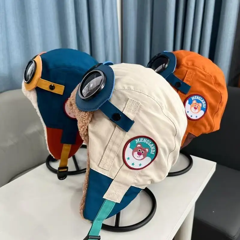 Ear Protection Warm Children's Plush Pilot Hat Cute with Glasses Kids Earflap Hat Thickened Soft Lei Feng Hat Windproof