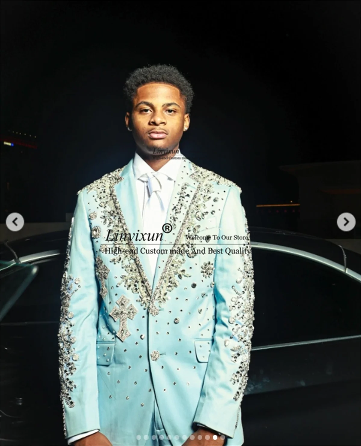 

Fashion 2 Pieces Sets Male Prom Blazers Customized Luxury Beaded Crystals Men Suit Notched Lapel Slim Wedding Groom Tuxedos
