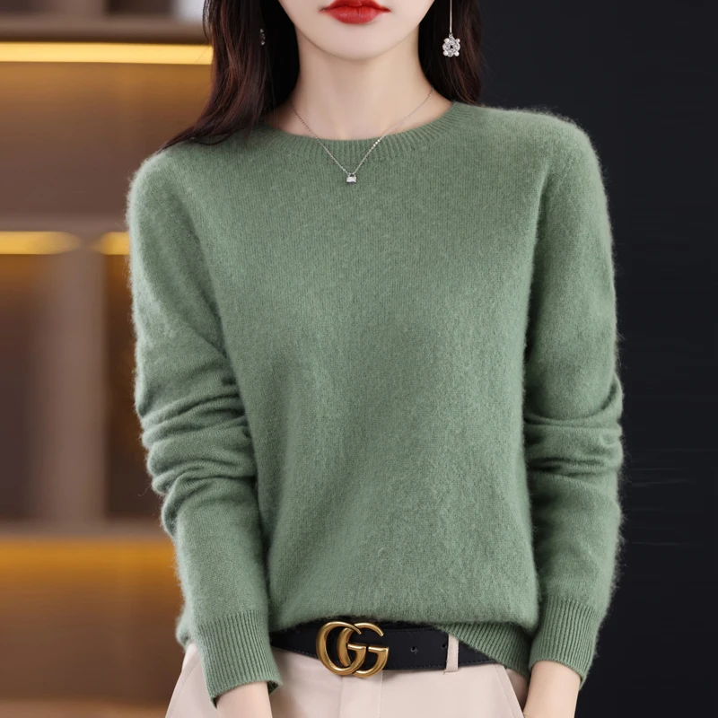 100%Pure Wool Sweater Women\'s Casual Knitted Pullover Autumn and Winter Soft and Warm Hot Wool Long-Sleeved Basic Round Neck Top