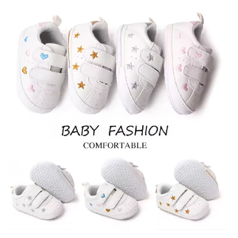 Baby White PU Sneaker Non-slip for Toddler Boys and Girls Cute Embroidery Stars and Hearts