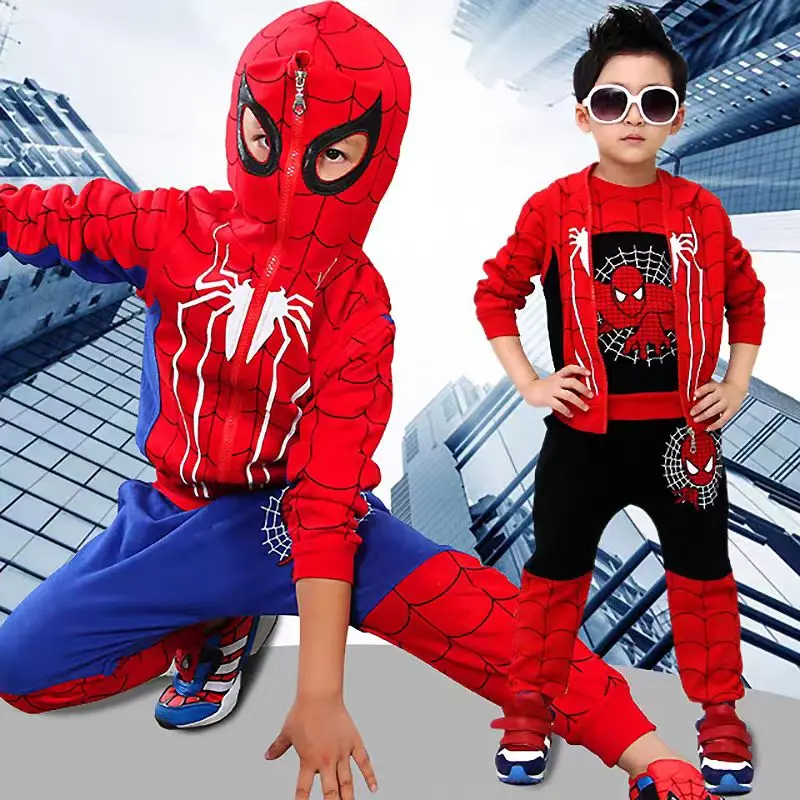 2024 New 3pcs Cartoon Print Spiderman Cosplay Costume Kids Boys Sleeveless Hooded Vest +T Shirt+Pant Tracksuit Children Outfits