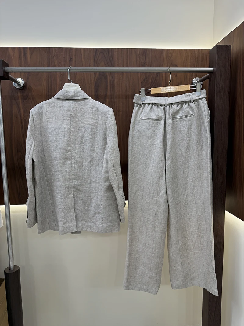 Women's Striped Linen Blazer and Belted Wide‑Leg Pants 2‑Piece Casual Suit Set