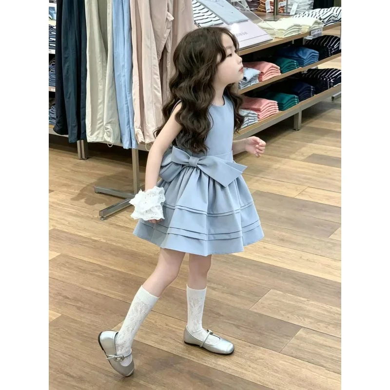 

Girls Blue Dress 2026 Summer New Style Children's Bow Knot Waist-Cinching Design Sense Dress for Kids