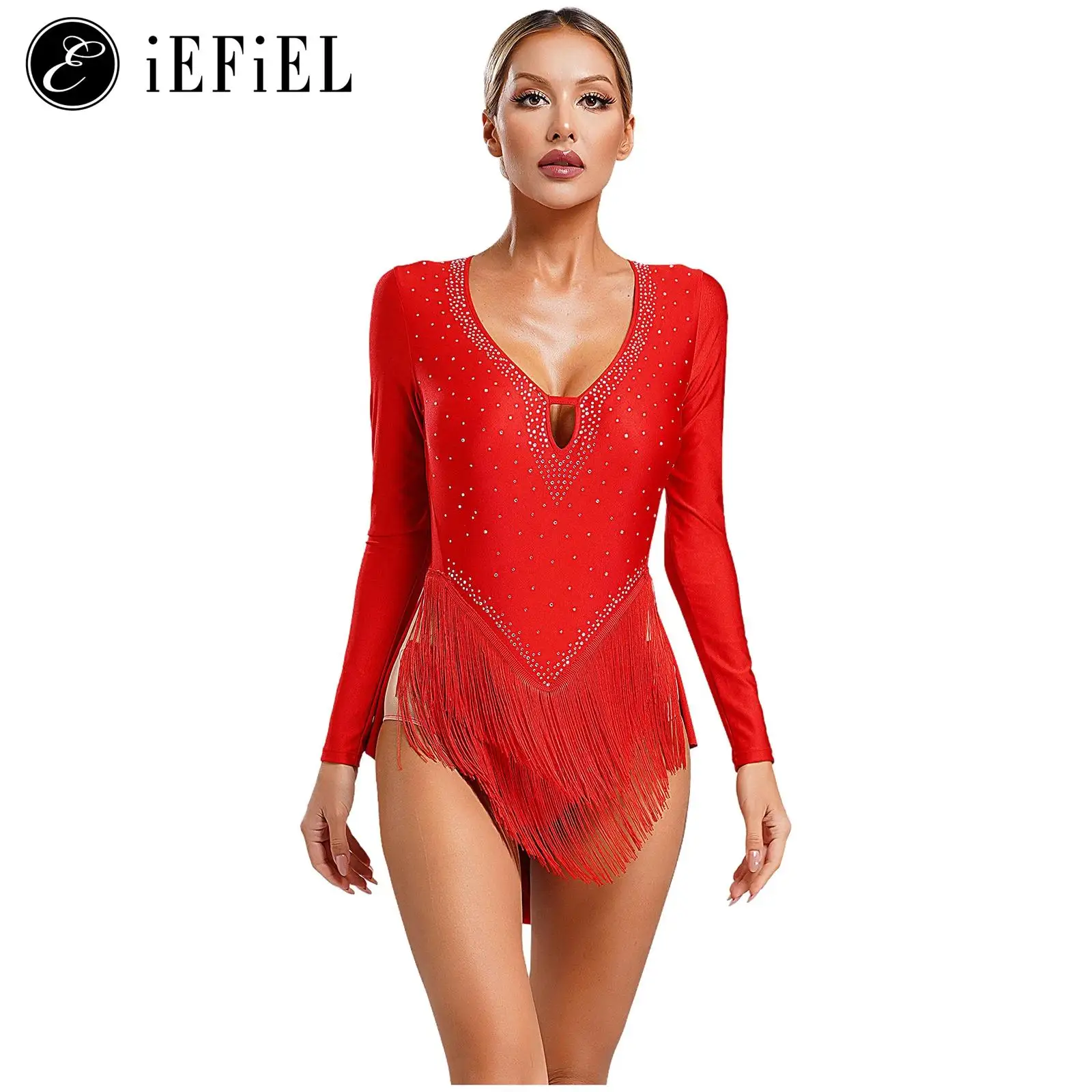 

Women Latin Dance Costume Shiny Rhinestone V Neck Cutout Back Tassel Dance Skirts Ice Skating Competition Uniform