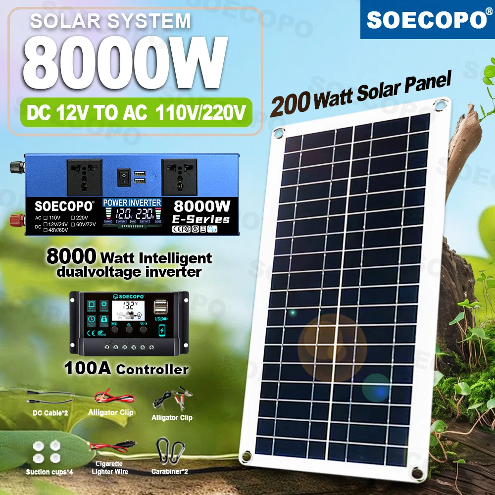 

8000W Off-Grid Solar Generator Kit Dual Volta 110V/220V Inverter 100A Controller 200W Panel for Home/Camping/RV/Emergency Power