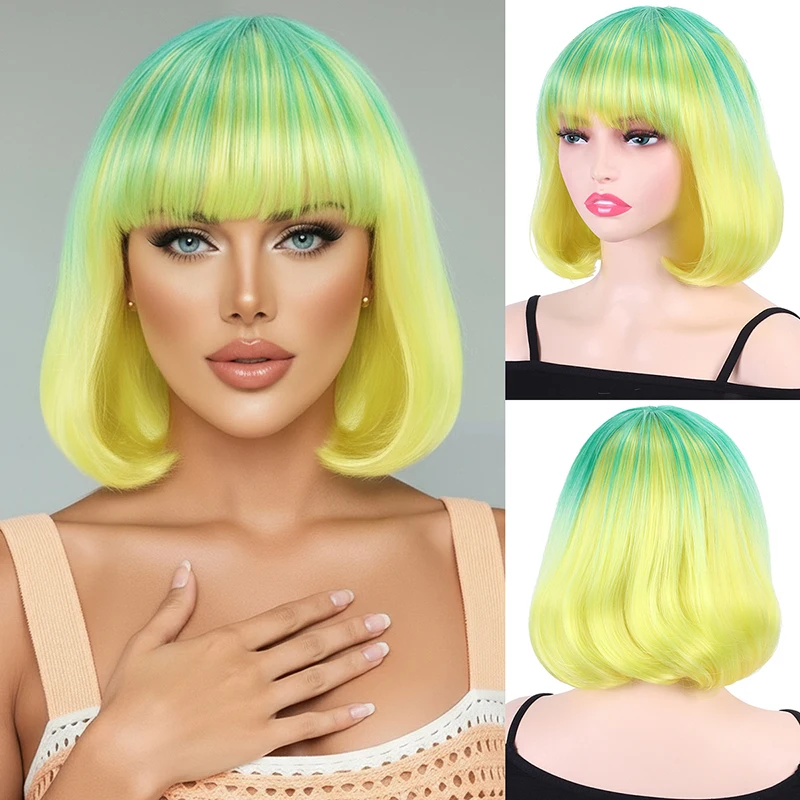 European and American fashion bangs, BOBO hair, short straight hair, curly hair, green gradient color Synthetic fiber wig