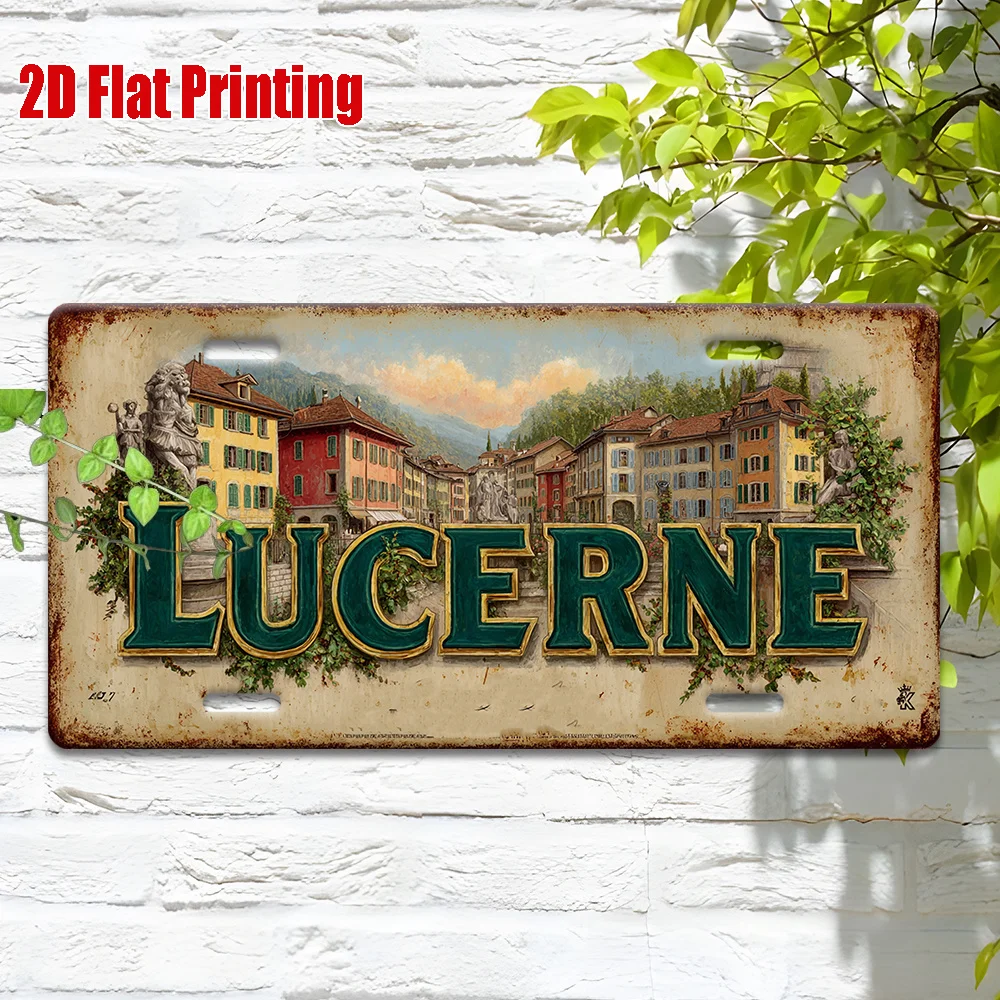 2D Flat Vintage Metal Sign from Luxembourg Measuring, Featuring Rustic Decor with a Swiss Alps Landscape.This Durable Aluminum