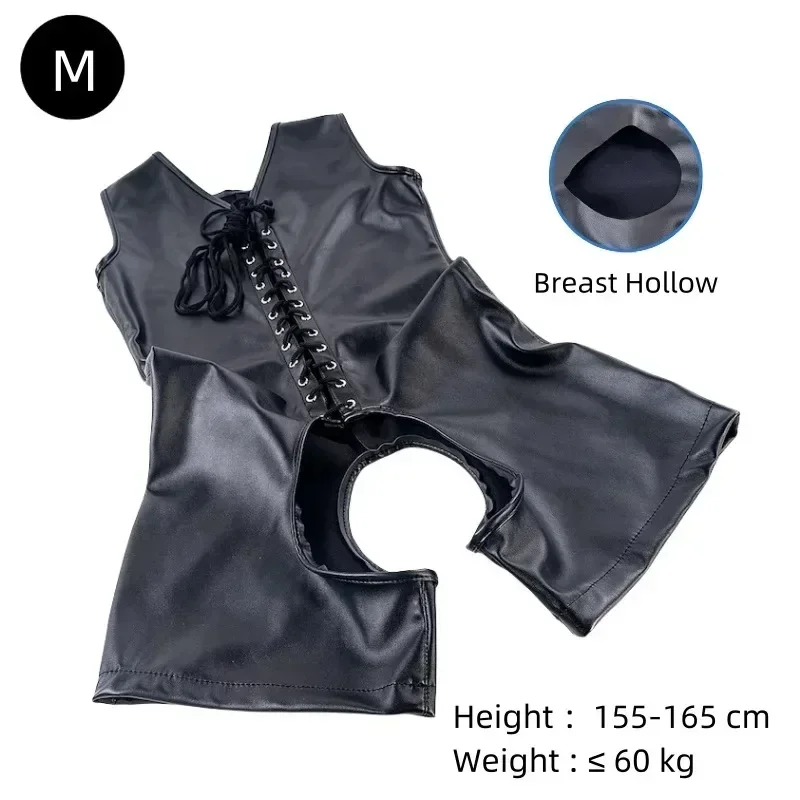 CosplaySexy Exposed Breast Skinny Lingerie with Fetish Bondage Open Crotch Leather Bodysuit for Women Flirting Exotic Costume