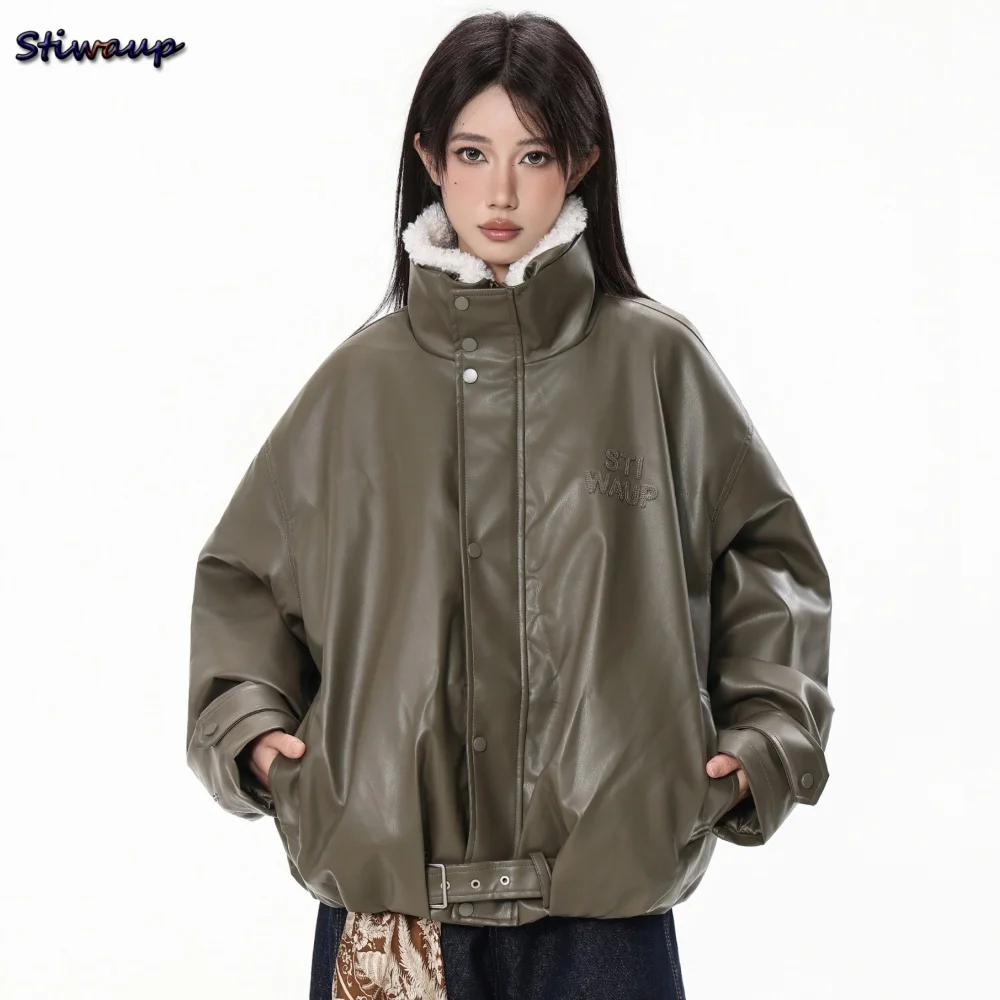 

Женская зимняя кожаная куртка с меховым плюшевым воротником, толстая теплая высококачественная шелковая хлопковая дубленка для женщин, женская верхняя одежда