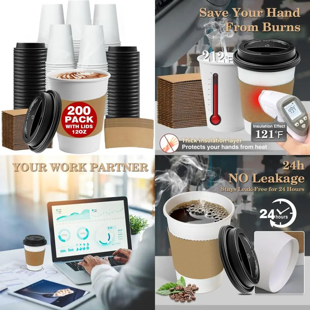 

Одноразовые бумажные стаканчики на 12 унций с крышками и рукавами, идеально подходят для чашек для горячих и холодных напитков, кофе, чая и горячего шоколада.