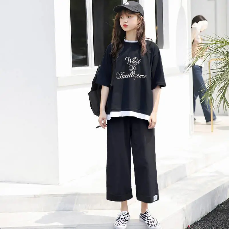 

Комплект брюк женский в стиле Харадзюку, студенческий комплект из двух предметов, футболка с принтом и коротким рукавом, с имитацией двух предметов, модные базовые брюки с широкими штанинами для отдыха