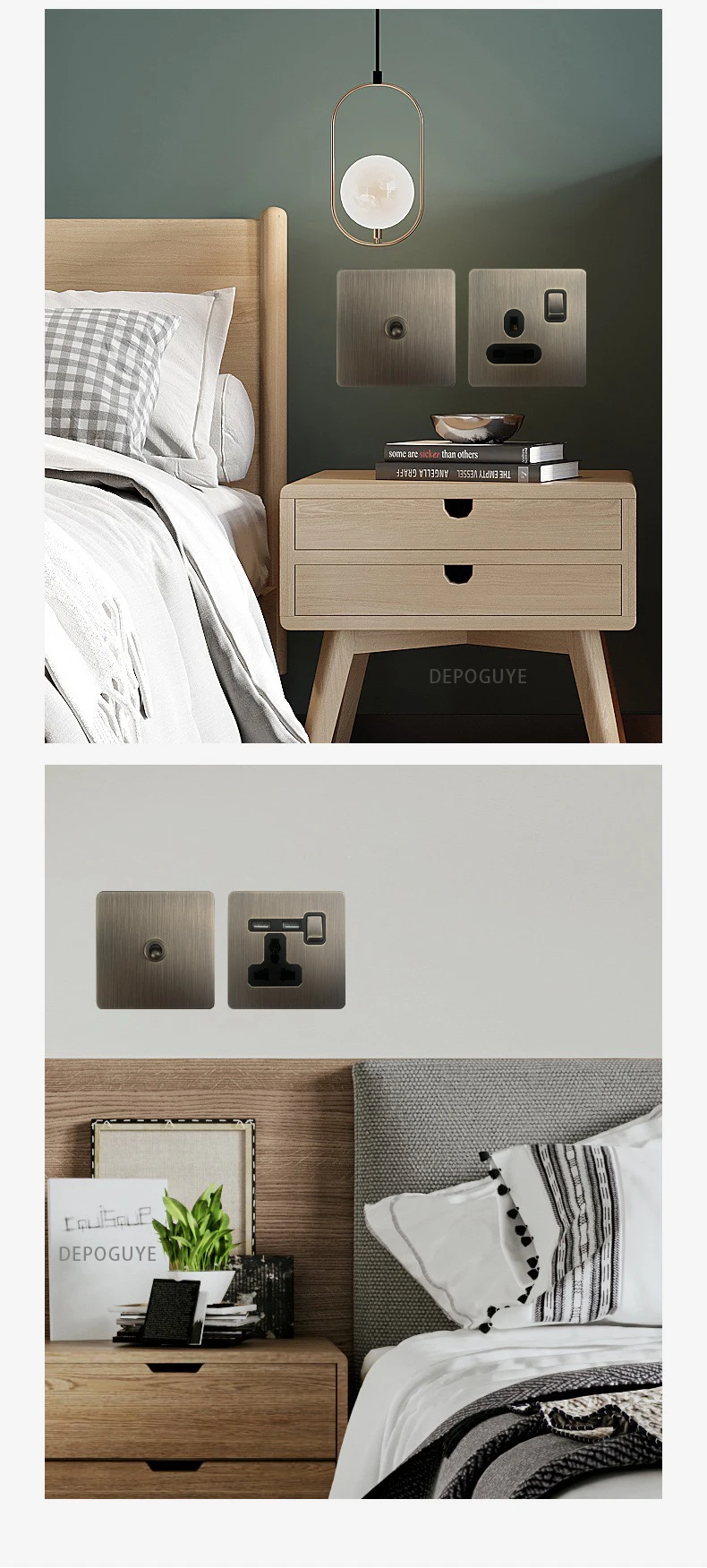 Retro Metal Brushed Antique Stainless Steel Push Button Switch Panel UK 13A Socket with USB Phone Charging for Home Improvement