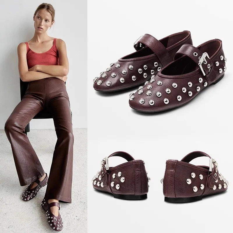 

Spanish Mrxmus dutit Brand Women Shoes Wine Red Rivet Buckle Ballet Shoes Leather Mary Jane Flat Shoes