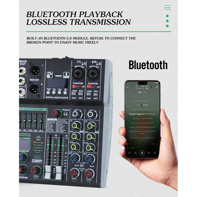 A73T Professional 8 Channel Audio Mixer Built-In 99DSP 7-Segment Balanced Effect Bluetooth Live Recording XLR Mixer
