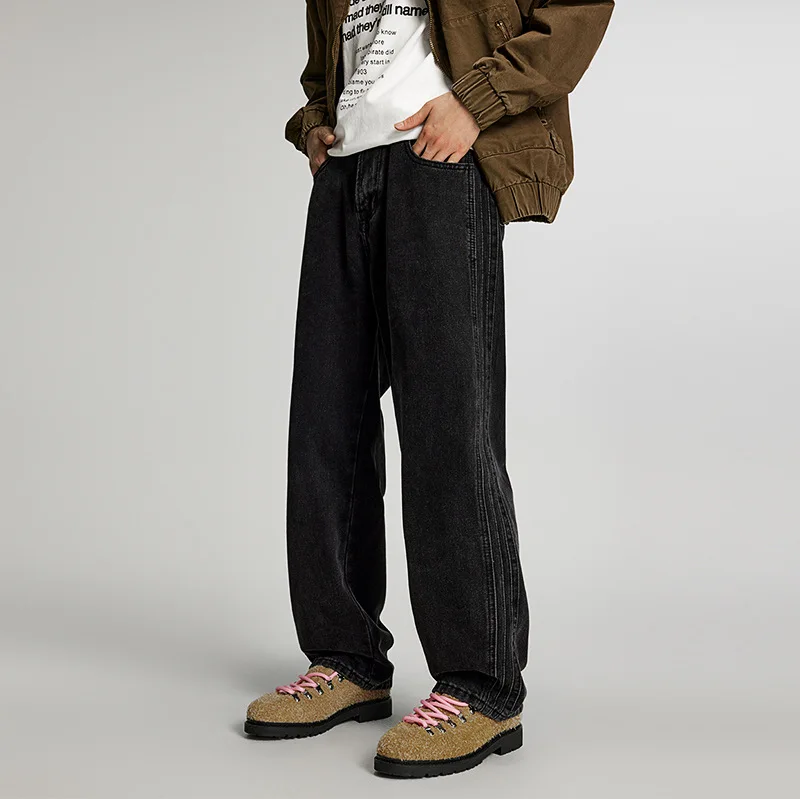 

Autumn Winter New Fashion Men's American Style Loose Wide Leg Straight Black Solid Color Casual Trendy Denim Trousers Male Jeans