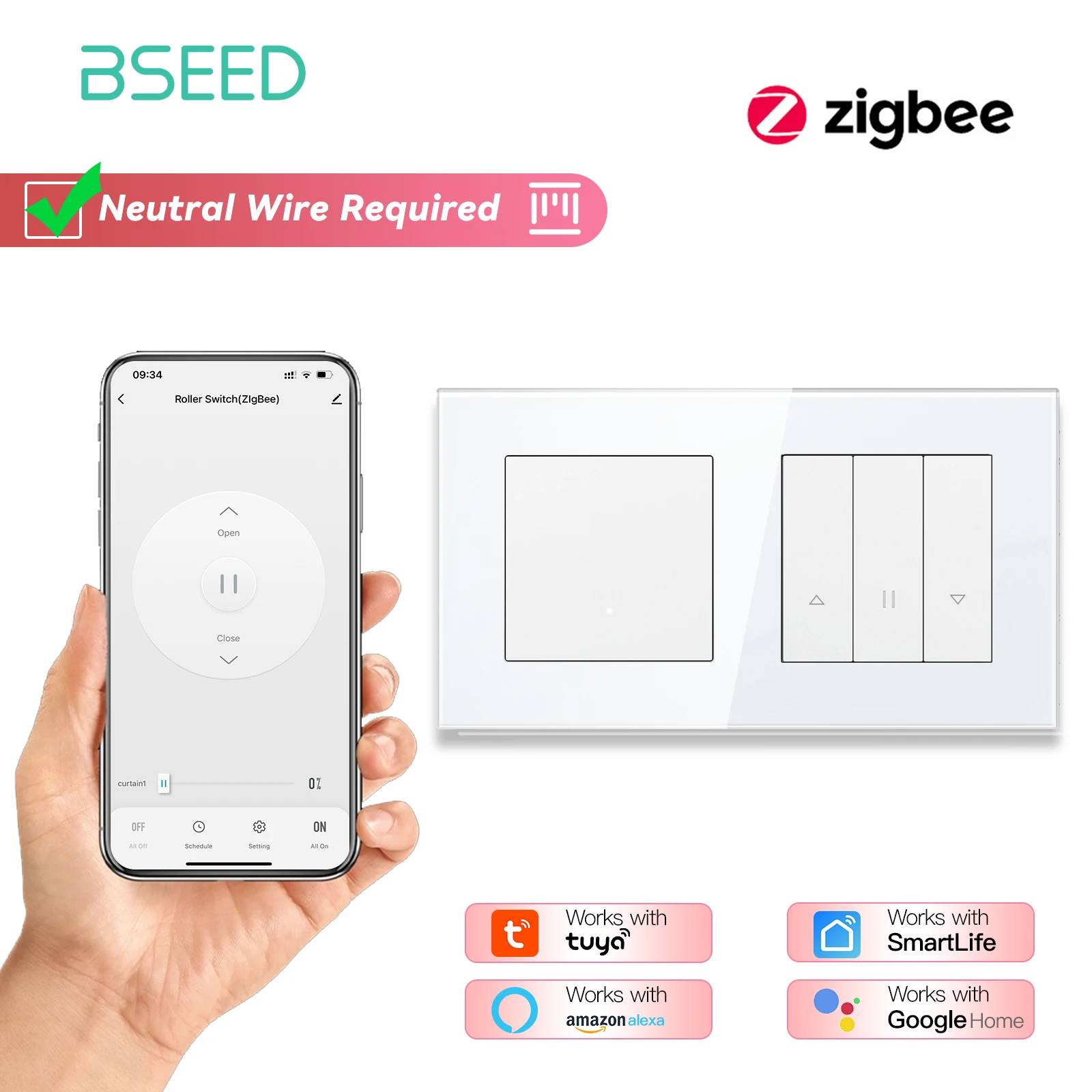 BSEED Zigbee Shutter-Schalter-Serie: Intelligente Wand-Klickschalter mit gelber Hintergrundbeleuchtung, Glasrahmen, Tuya APP, Rollenschalter, EU-Wandsteckdosen 10