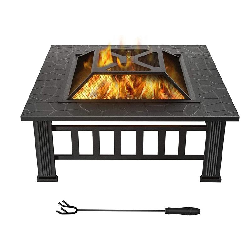 

Outdoor Metal Square Table Backyard Patio Garden Stove Wood Burning Brazier Fire Pit with Spark Screen