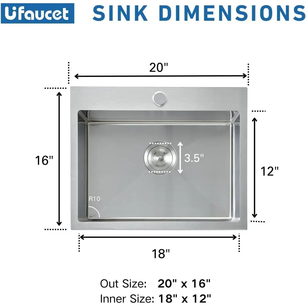 Pia de Cozinha de Embutir de Aço Inoxidável de 20 Polegadas com Cuba Única, Níquel Escovado Calibre 16 para RV e Preparação de Bar Externo