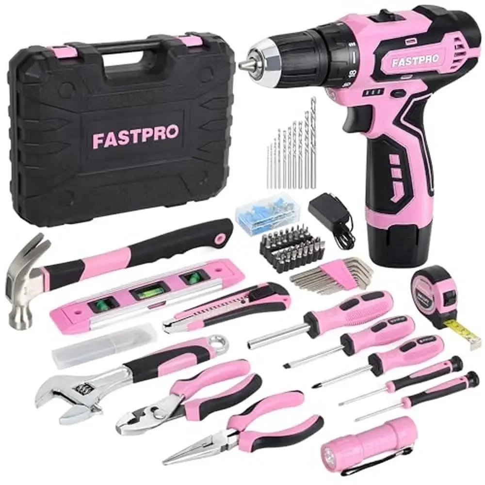 160-Piece Pink Tool Set with 12-Volt Cordless Drill Driver Women's Home Repair Kit with Blow-Molded Storage Case Lightweight and