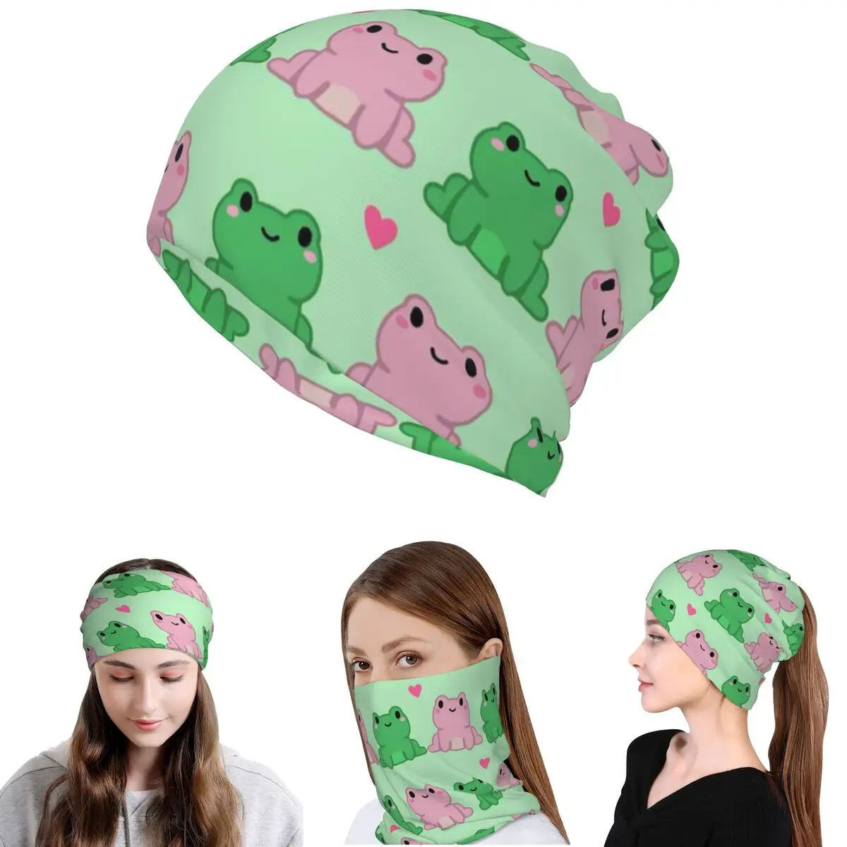 

Two Frog Love Heart Cartoon Bandana Neck Cover Wrap Mask Scarf Multi-use Headband Beanies Hat for Men Women Adult Washable