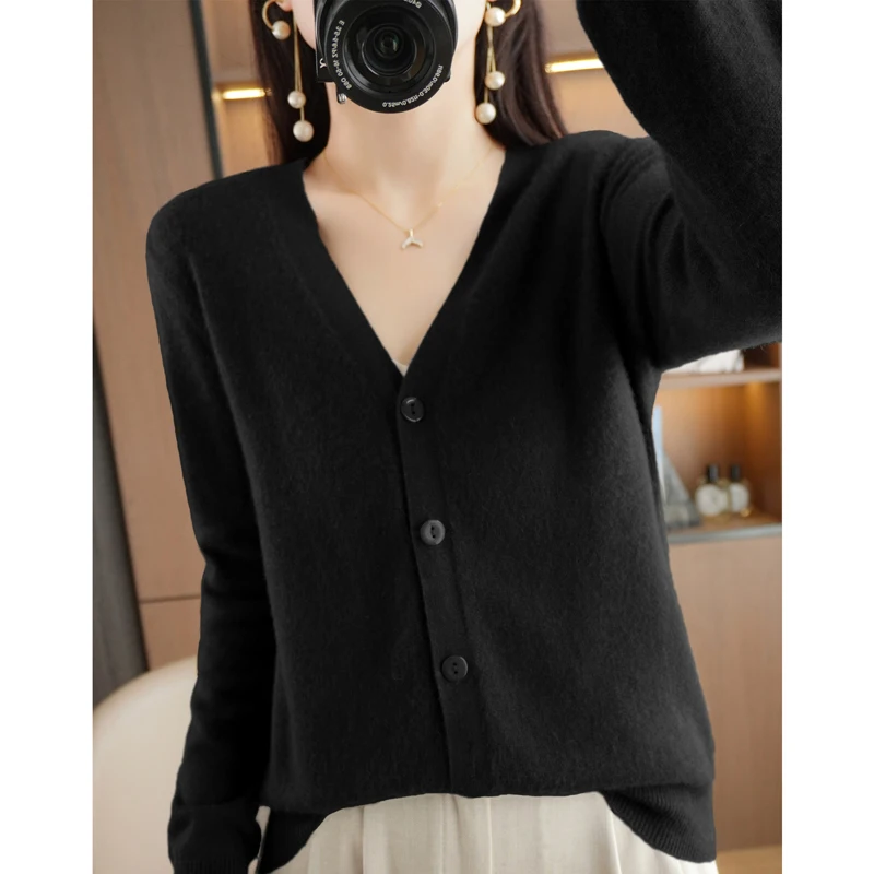 Autumn/Winter New Solid Color Knitwear V-Neck Cardigan Loose Blouse Ladies Clothes Casual Tops Single-Breasted Sweate