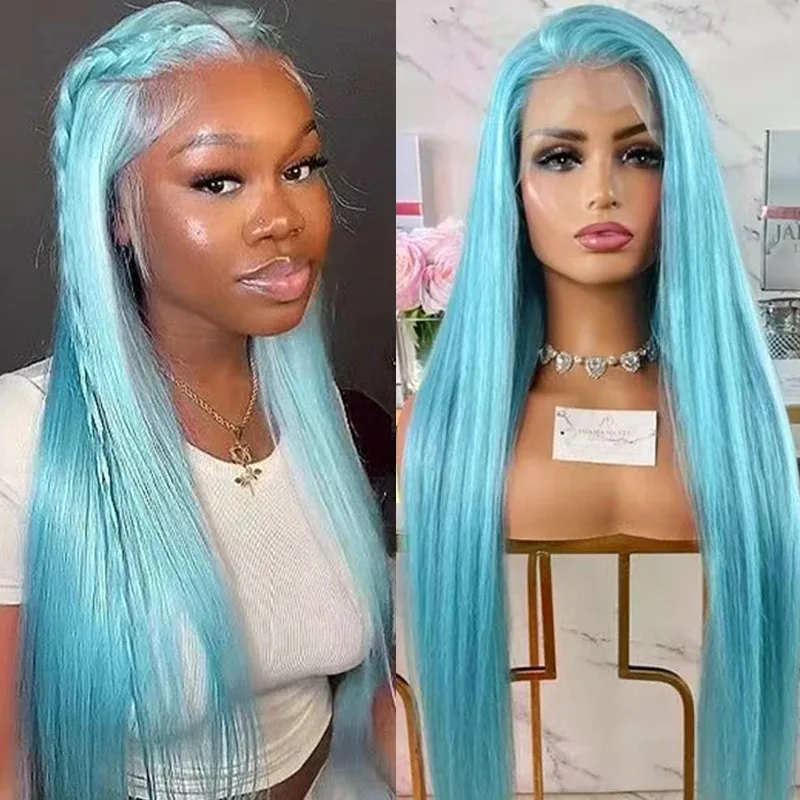 

Синтетический парик 13X4 светло-голубого цвета с прозрачной HD-основой, прямой, с предварительно выщипанными прядями, без клея, для повседневного использования и косплея, распродажа