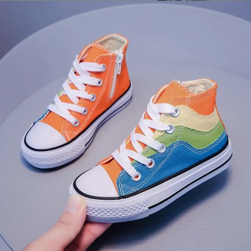 Children's Canvas Shoes 2024 Autumn Patchwork Rainbow High Top Soft Sole Side Zipper Casual Shoes For Boys Girls 25-37