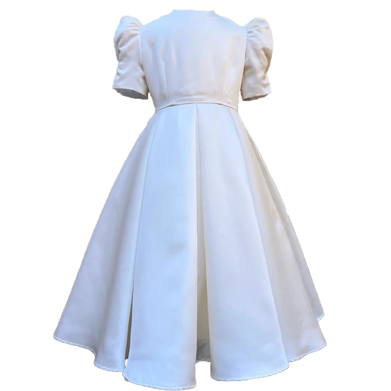 

Ivory Satin girls dress puff sleeve bow Calf Length bespoke Colour formal occasion Holiday First communion birthday evening gown