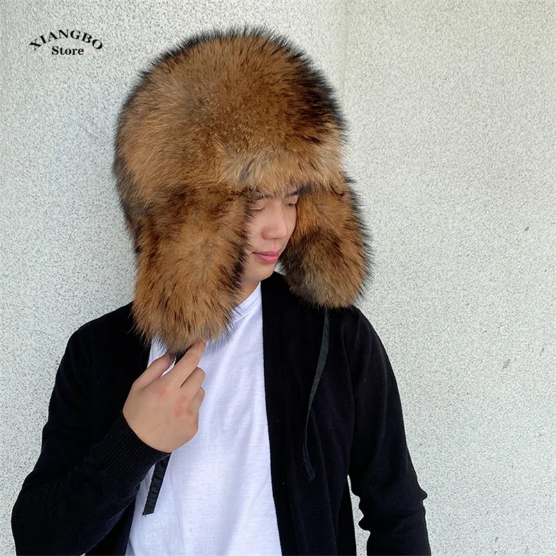 Men\'s Hat Winter Natural Raccoon Fur Bombers Hats Russian Hat Outdoor Warm Soft Luxury Quality Real Fur Cap Fur Hat for Men Caps