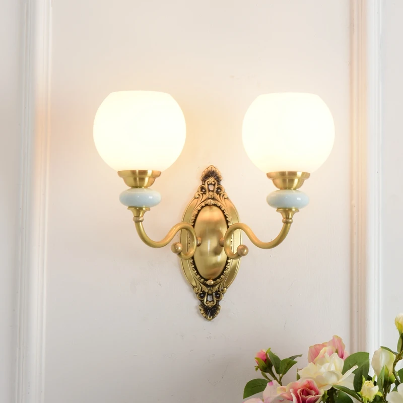 All-copper American simple wall lamp, living room background wall creative  bedroom bedside double-head  ceramic aisle