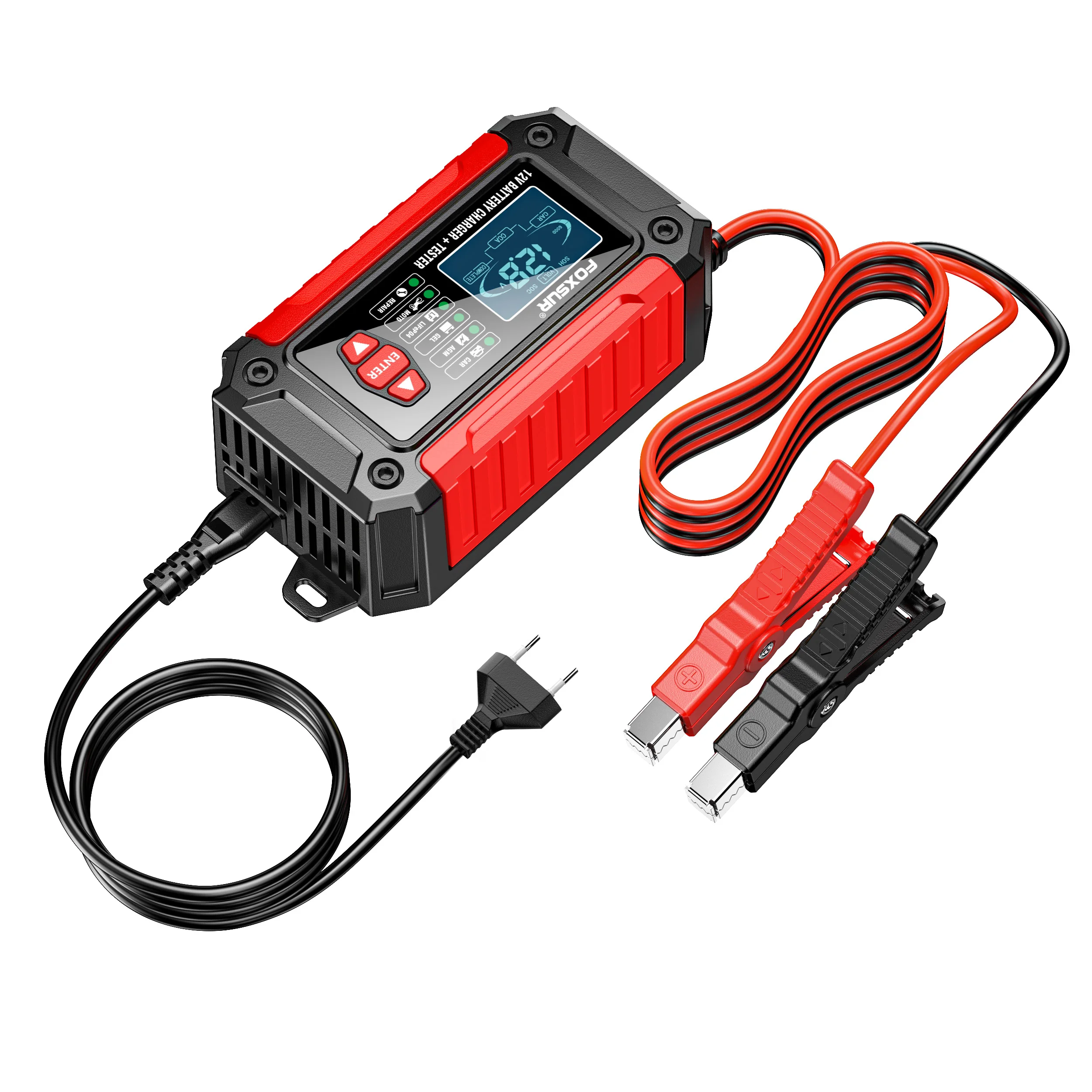 FOXSUR 2 in 1 battery tester + battery analyser, 12V car motorcycle lead acid AGM Deep cycle  LiFePo4 Smart Battery Charger