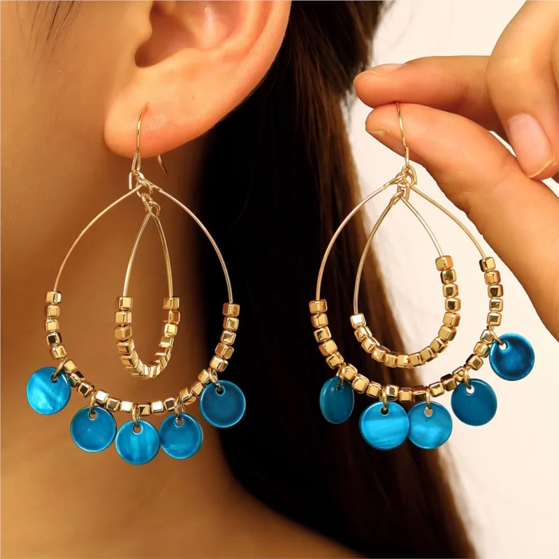 Bohemian Style Double Layer Tassel Geometric Teardrop Earrings for Women Hand-Strung Asymmetrical Frosted Round Discs Jewelry