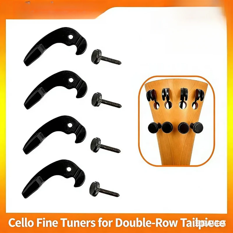 Integrated Double Row Fine Tuners for 3/4 4/4 Cello Full Black String Hooks Knobs