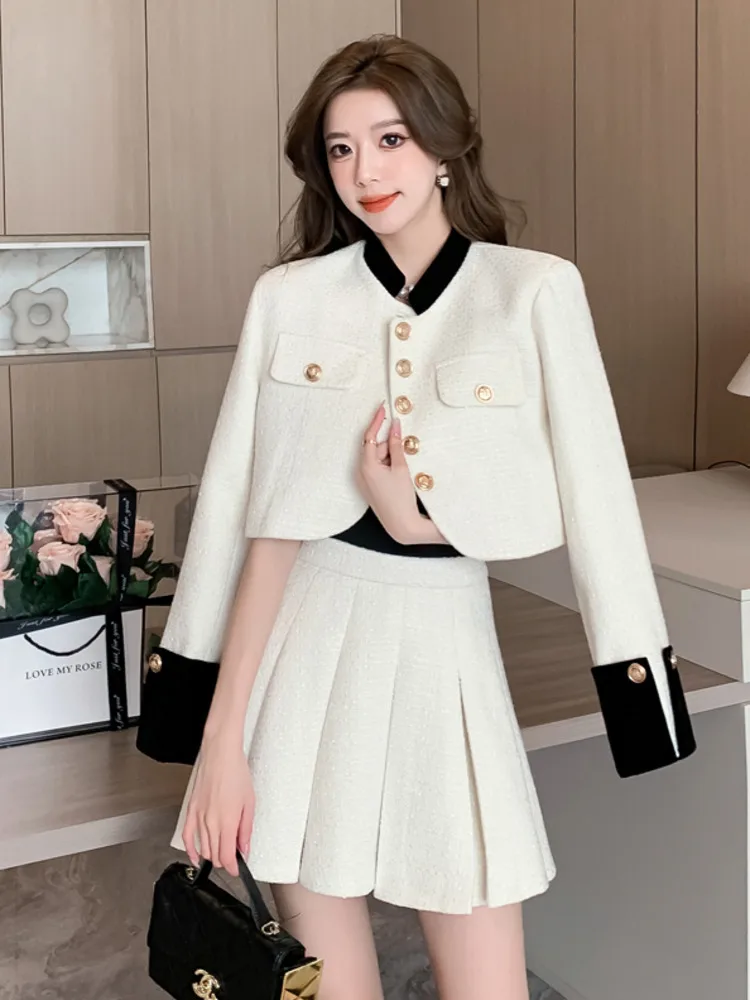 High Quality Small Fragrant Tweed Two Piece Set For Women Korean Sweet Short Jacket Coat + Pleated Skirt Sets Conjuntos Cortos