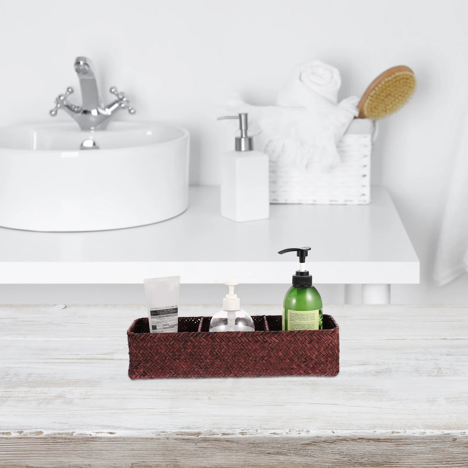 

1Pcs Storage Box Sea Grass Woven 3 Compartments Home Organizer Desktop Sundries Case Compact Lightweight Multi Purpose