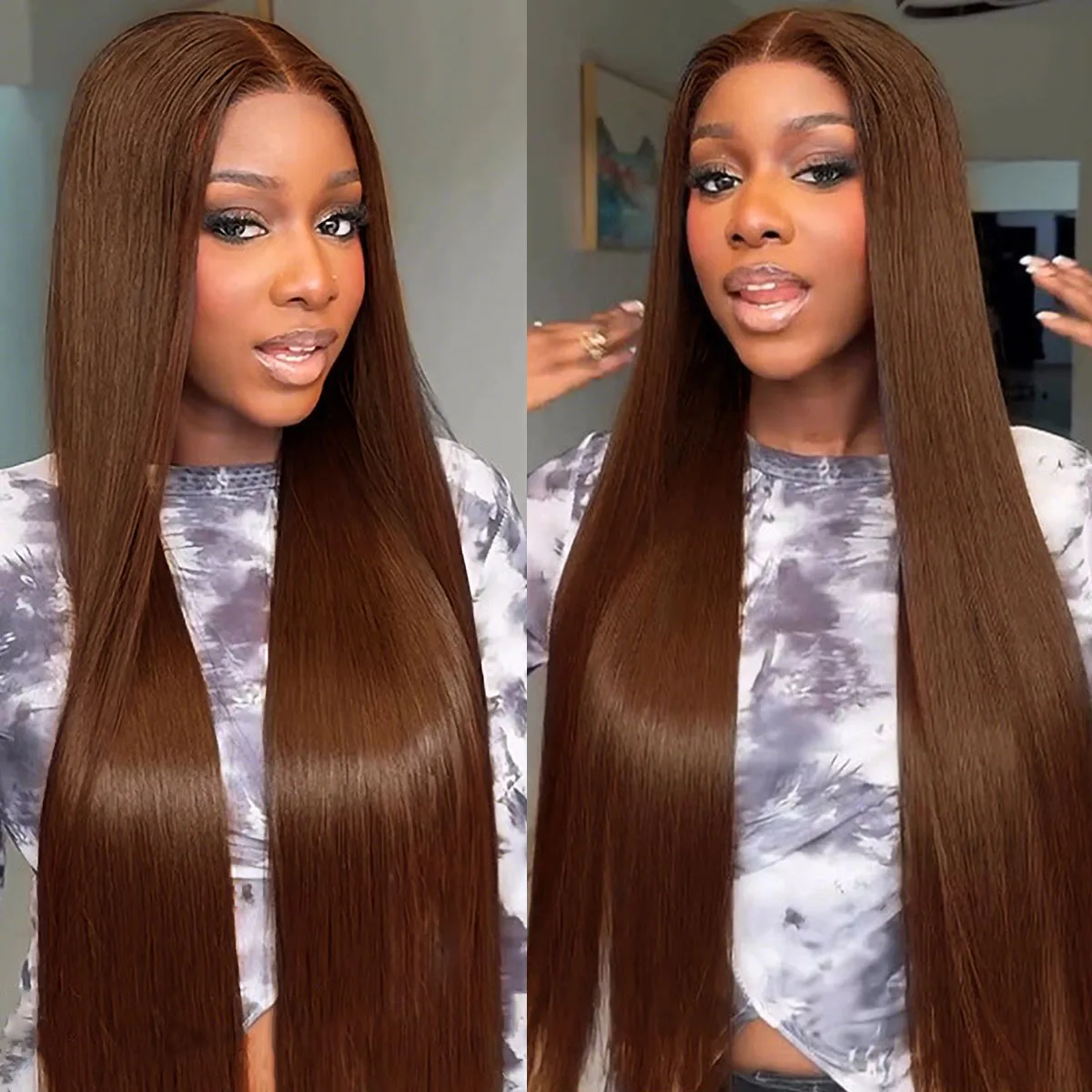 13x4 13x6 HD Chocolate Brown Bone Straight Lace Front Wig 38Inch Lace Frontal Wig Human Hair PrePlucked #4 Color Human Hair Wigs