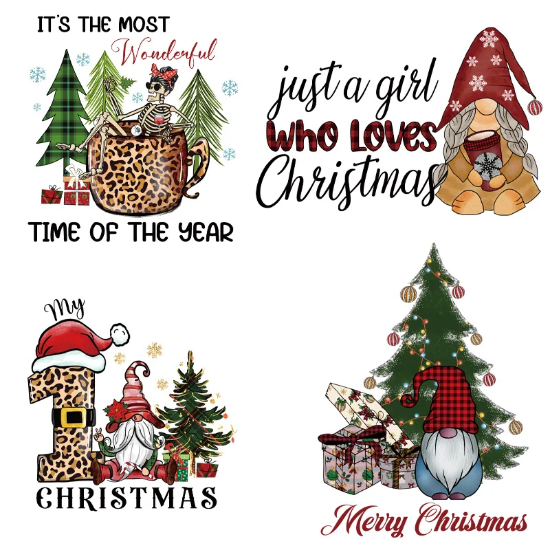 Patches dos desenhos animados para engomar e transferência de roupas, Acessório DIY, Beautiful Iron, Feliz Natal, Artesanato, 4 PCs, Tamanho lar