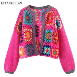 KEYANKETIAN Autumn New Cutout Hook Flower Geometric Short Knit Cardigan Women Bohemian Style Soft Handmade Sweaters TOPS