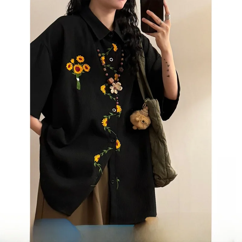 

UATONLINE2026 Summer Retro Sunflower Embroidery Short Sleeve Shirt Versatile Style Loose Fit Polyester Casual Breathable Wome...