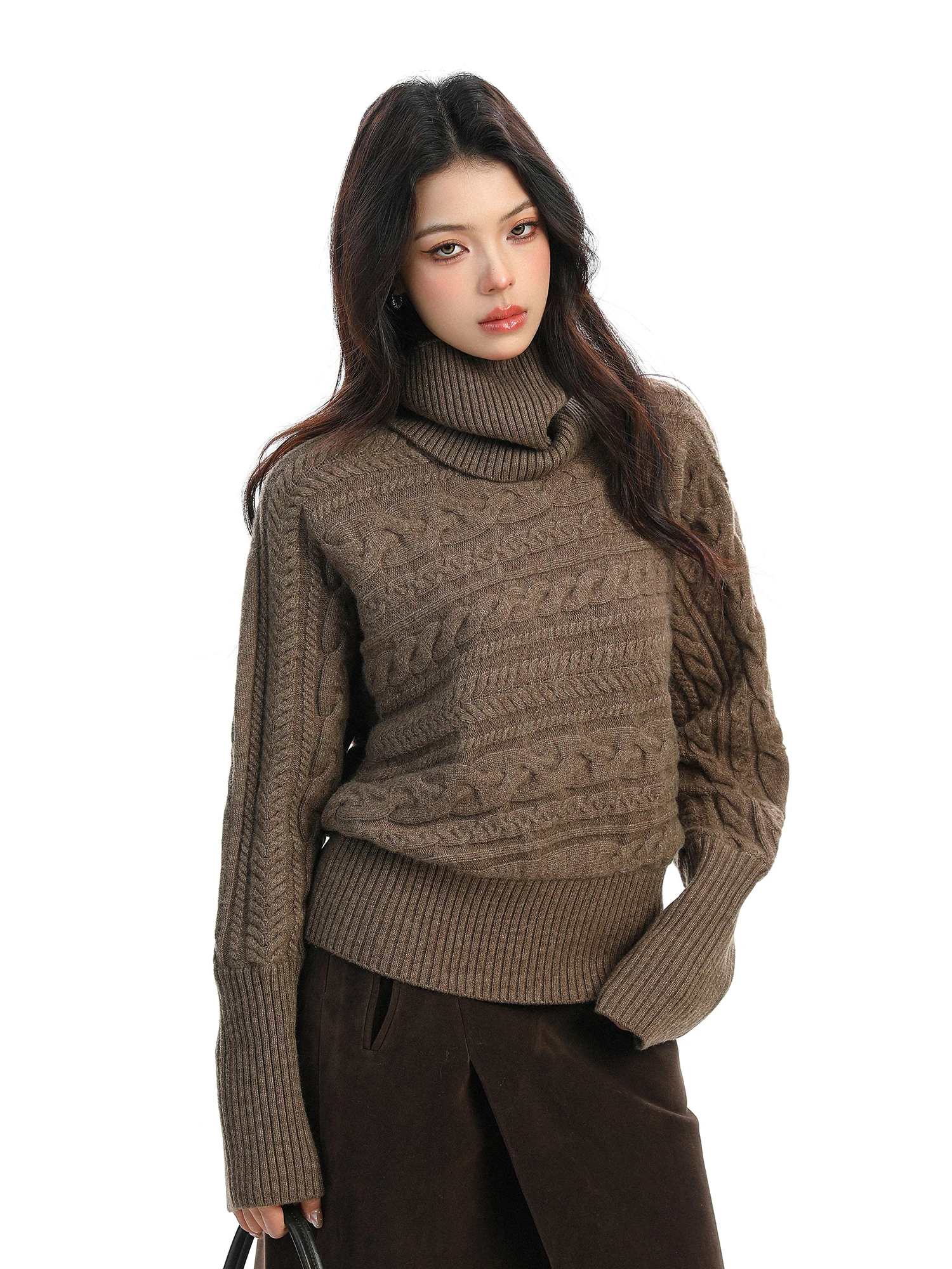 

Съемный вязаный свитер с высоким воротником для женщин, осенне-зимний, теплый, повседневный, с длинными рукавами, с дизайном «косичка» и шарфом