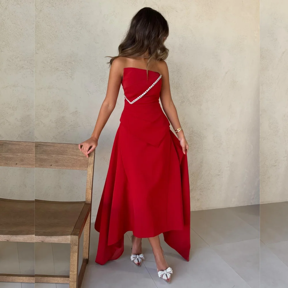 

Customized High Quality Evening Gown Jersey Rhinestone Strapless A-line Bespoke Occasion Red Charming Midi Dresses Elegant Party