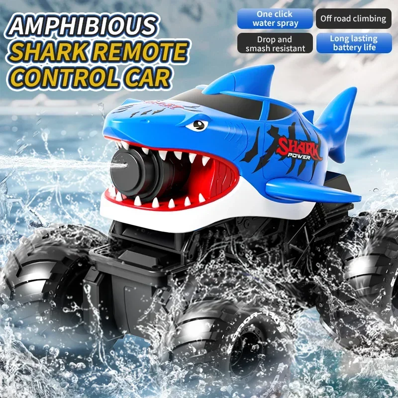 2.4G Remote Control Shark Amphibious Vehicle Dual Watch Control Battle Shooting Amphibious Stunt Car Electric Boat Toy for Kids