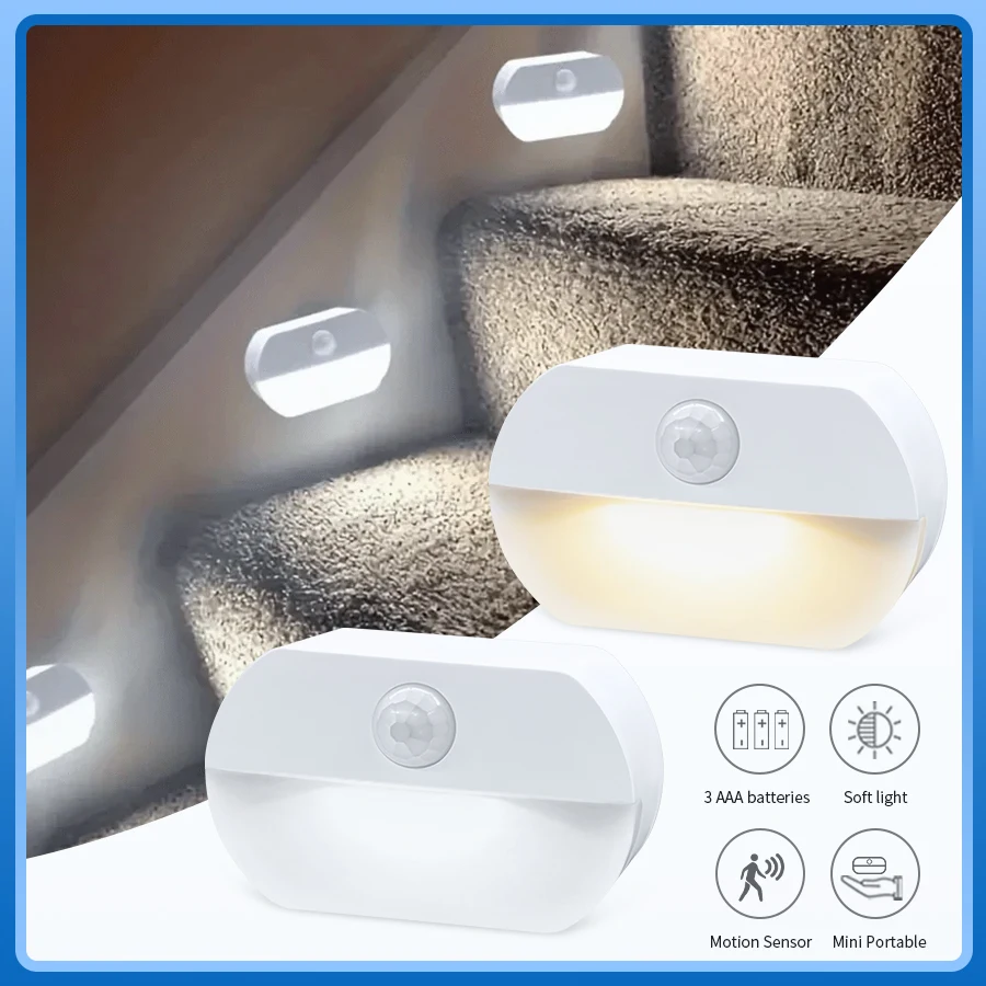 Motion Sensor LED Night Light Battery Powered Body Induction Lamp Cabinet Light For Bedroom Wardrobe Closet Hallway Stair Toilet