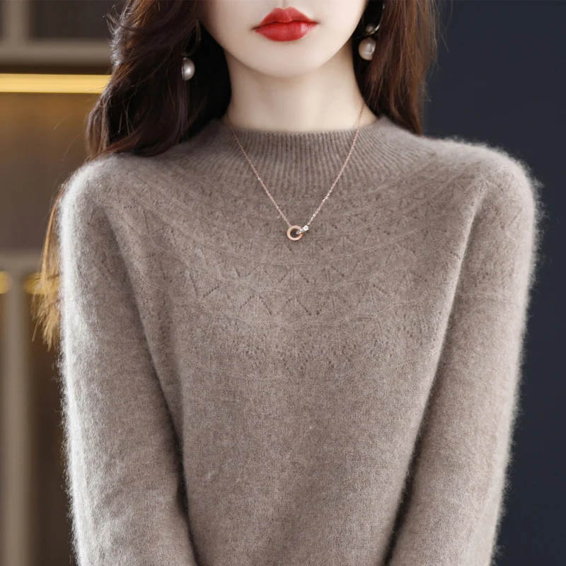 First-line ready-to-wear 100% pure wool sweater women\'s hollow knit pullover autumn and winter new semi-high collar top